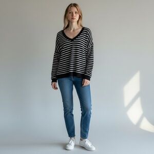 Perfectly Priscilla Black and White Striped V-Neck Sweater - Size Medium